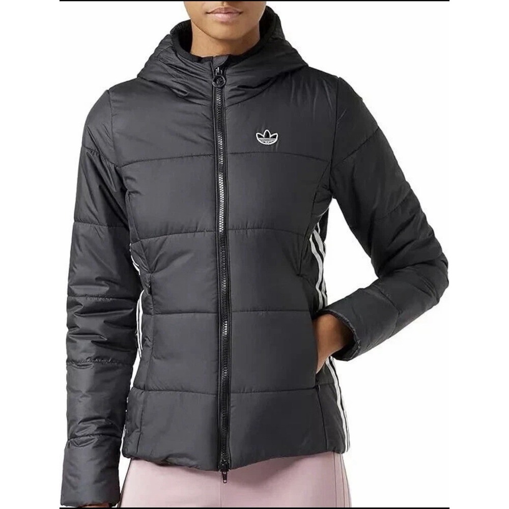 Adidas Originals GD2507 Slim Trefoil Puffer Hooded 3 Stripe Jacket Size XS Black